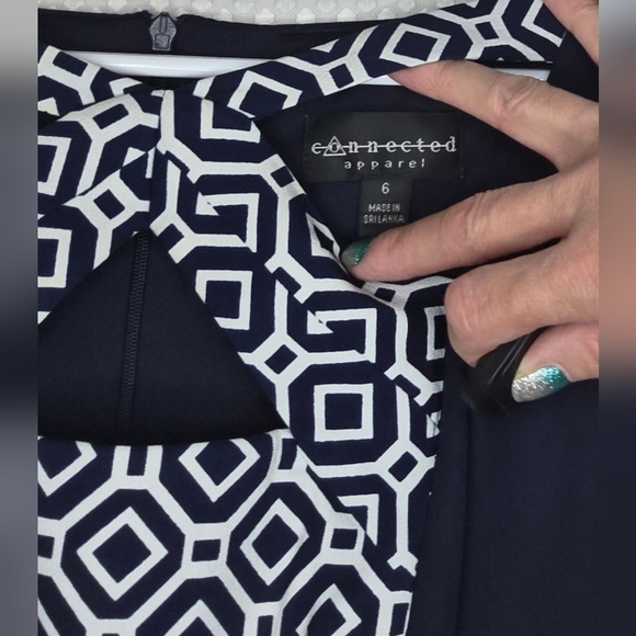 Chic Navy White Sheath Dress Small Work Office Career Bodycon Geometric - Picture 9 of 9